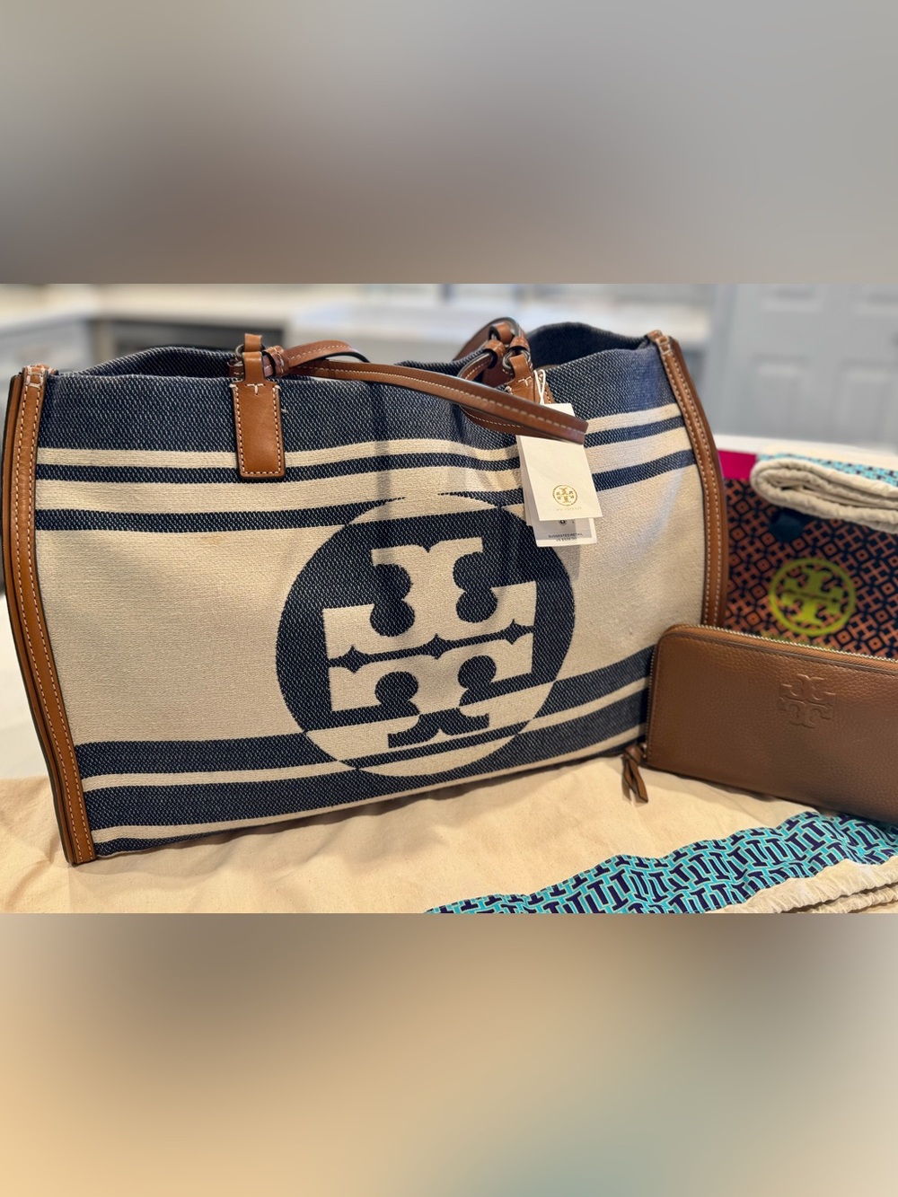 Tory Burch Navy and Cream Striped Canvas Tote with Tan Leather Trim